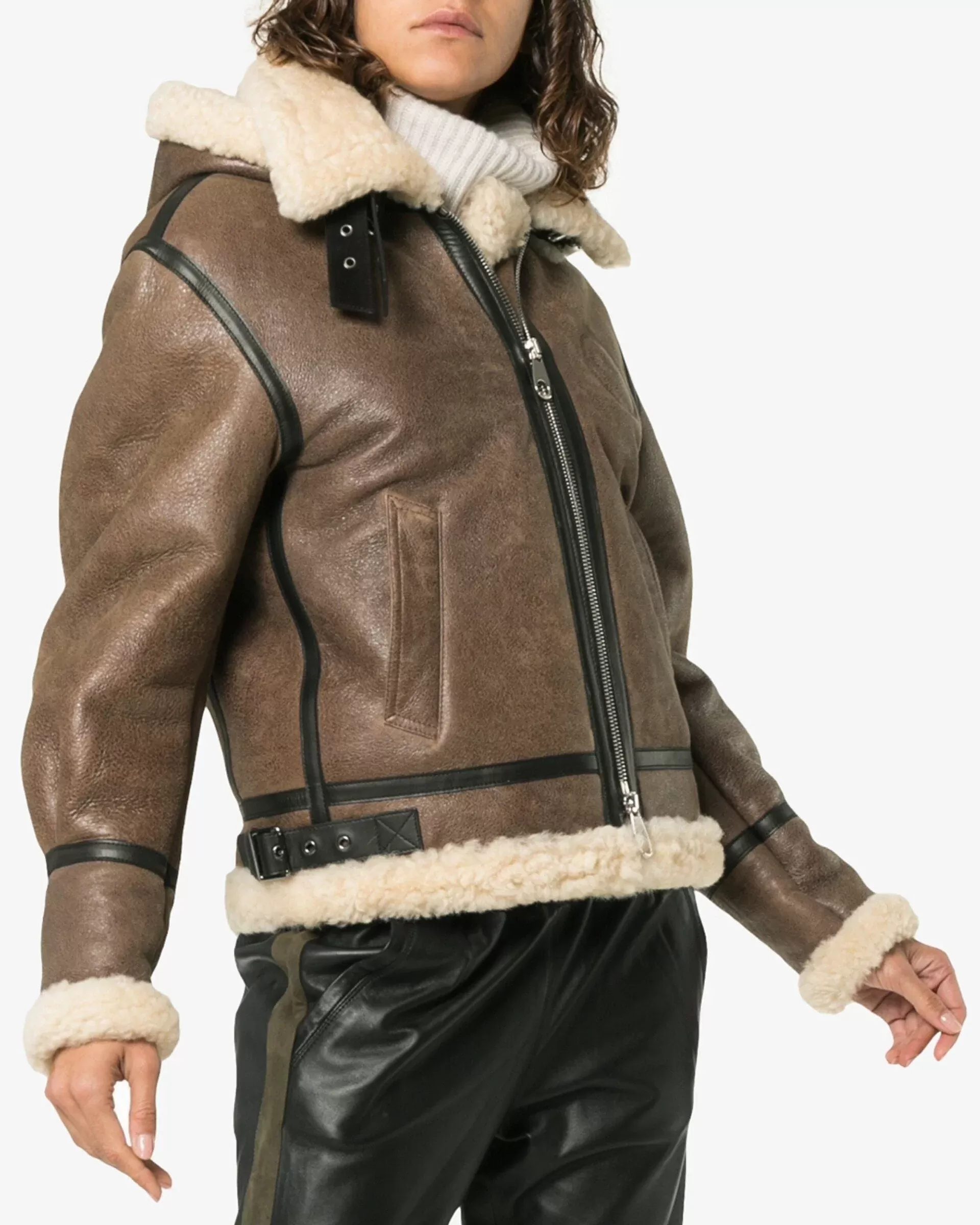 Chloé Brown Aviator Shearling-Trim Jacket