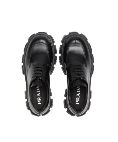 Prada Monolith Brushed Leather Lace-Up Shoes, Black
