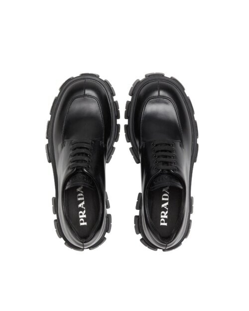 Prada Monolith Brushed Leather Lace-Up Shoes, Black