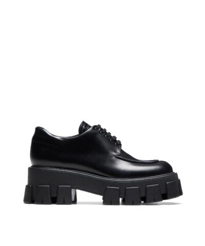 Prada Monolith Brushed Leather Lace-Up Shoes, Black