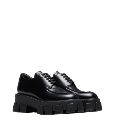 Prada Monolith Brushed Leather Lace-Up Shoes, Black