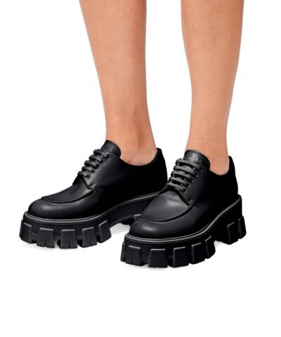 Prada Monolith Brushed Leather Lace-Up Shoes, Black