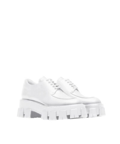 Prada Monolith Brushed Leather Lace-Up Shoes, White