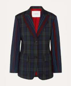 PushButton Paneled Tartan And Striped Wool-blend Blazer In Green