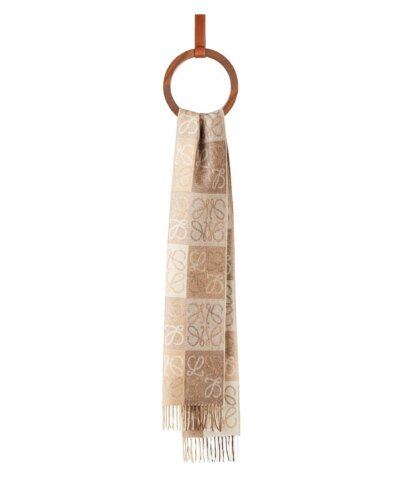 Loewe Fringed Wool and Cashmere-blend Jacquard Scarf, White/Beige