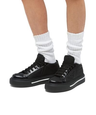 Prada Macro Re-Nylon And Brushed Leather Sneakers, Black