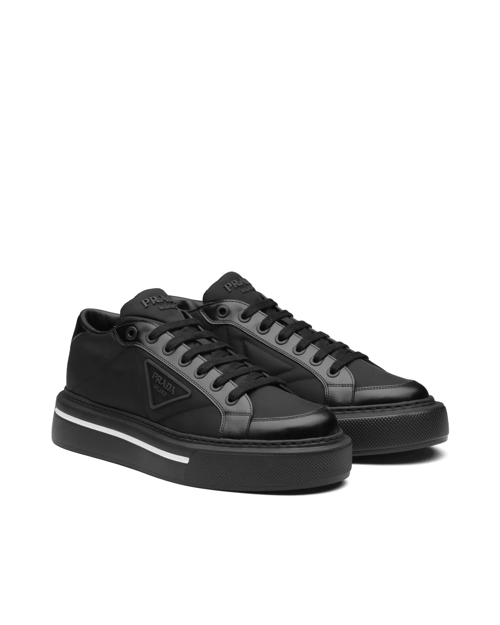 Prada Macro Re-Nylon And Brushed Leather Sneakers, Black