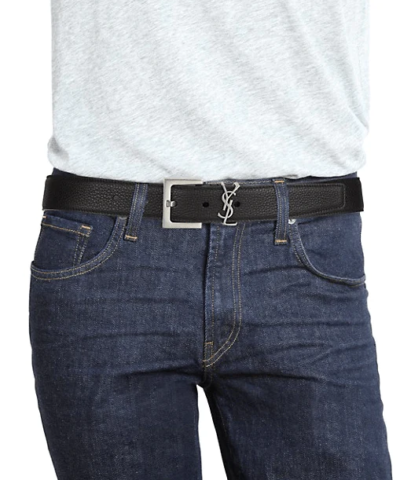 Saint Laurent Men's YSL Silver Logo Leather Belt