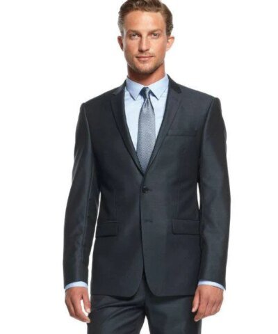 DKNY Slim-Fit Blue Solid Sharkskin 2 Piece Suit