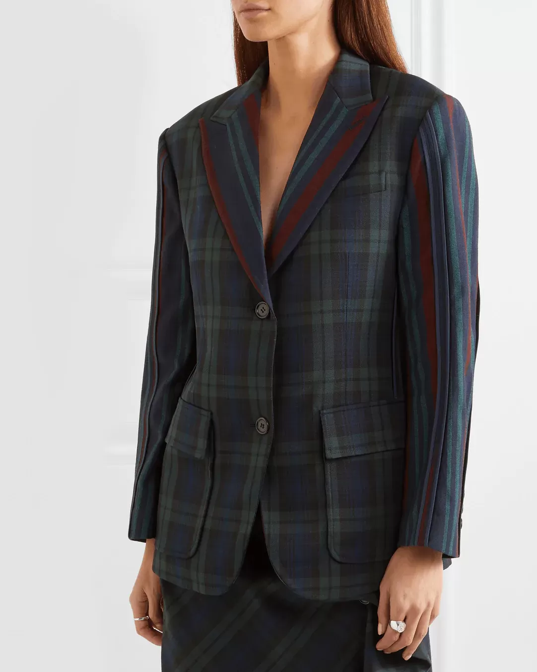 PushButton Paneled Tartan And Striped Wool-blend Blazer In Green