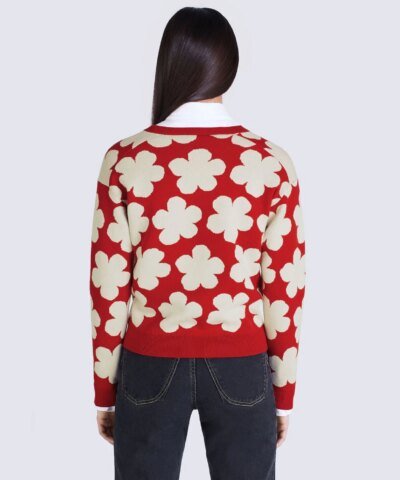 Kenzo Red Floral Wool V-Neck Sweater