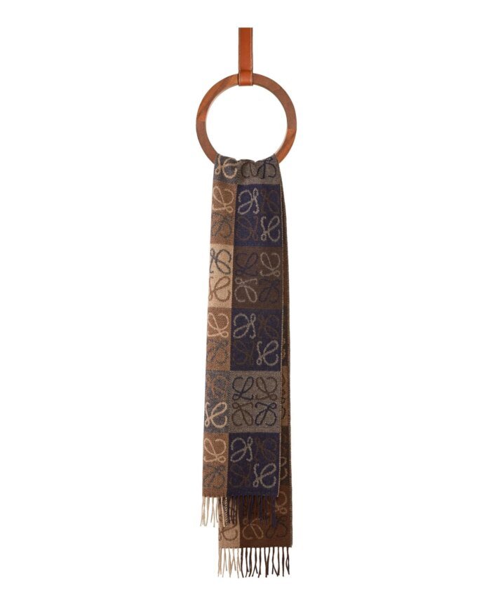 Loewe Fringed Wool and Cashmere-blend Jacquard Scarf, Navy/Brown