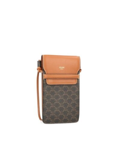 Celine Phone Pouch With Flap In Triomphe Canvas And Lambskin Tan