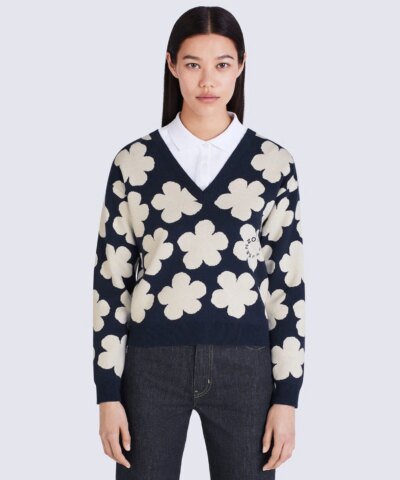Kenzo Blue Floral Wool V-Neck Sweater