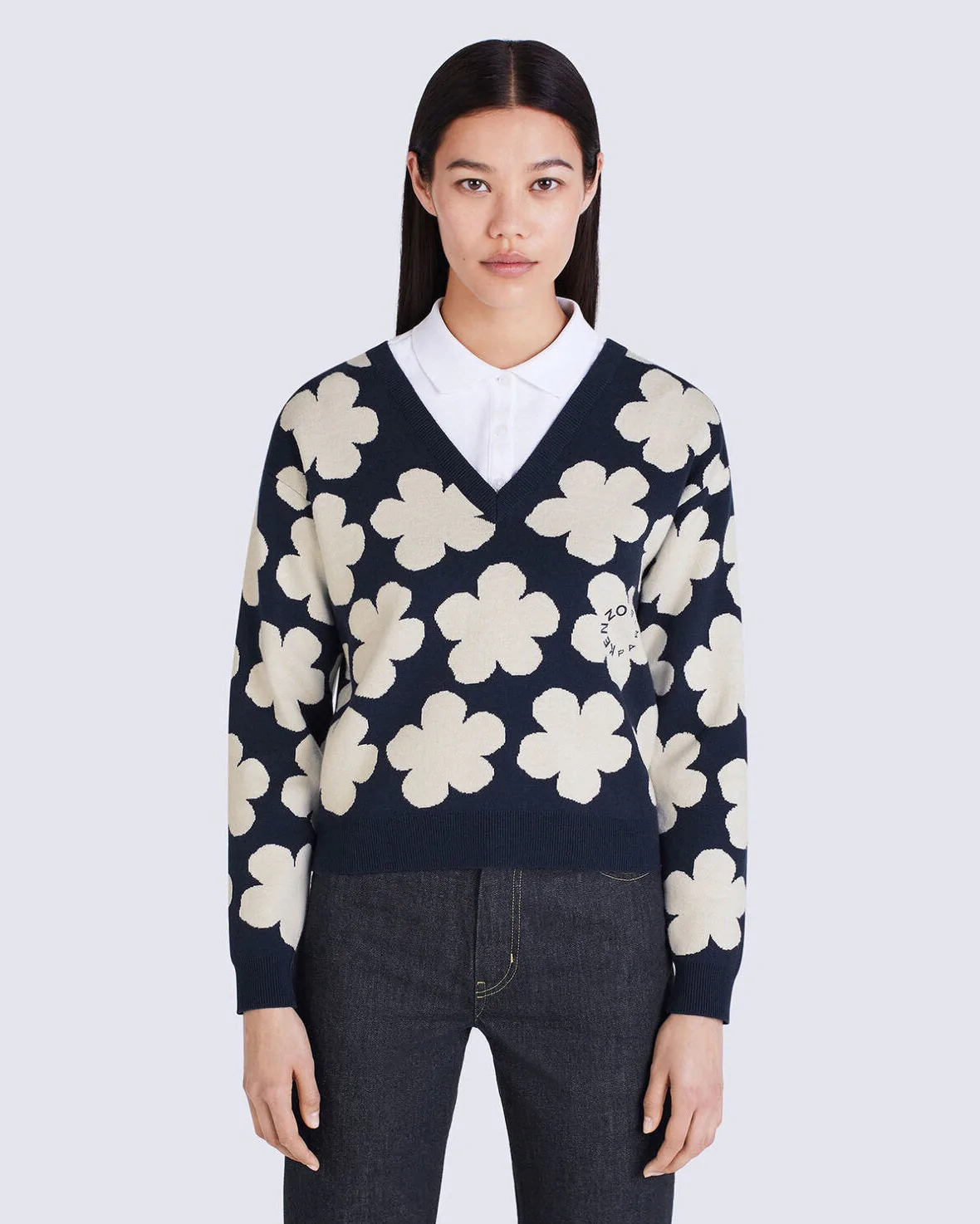 Kenzo Blue Floral Wool V-Neck Sweater