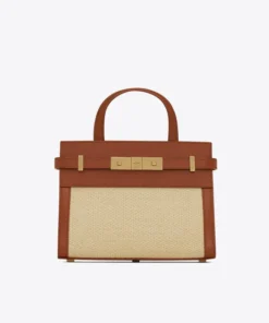 Saint Laurent Nano Manhattan Raffia & Leather Crossbody Bag In Beige