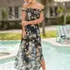 Women's Boho Maxi Dress Off Shoulder Floral Print Split Summer Beach Long Dress