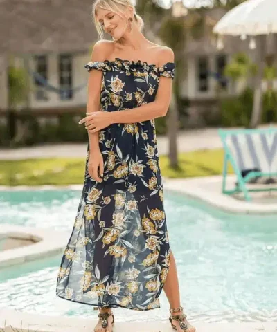 Women's Boho Maxi Dress Off Shoulder Floral Print Split Summer Beach Long Dress