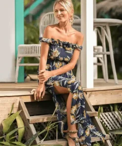 Women's Boho Maxi Dress Off Shoulder Floral Print Split Summer Beach Long Dress