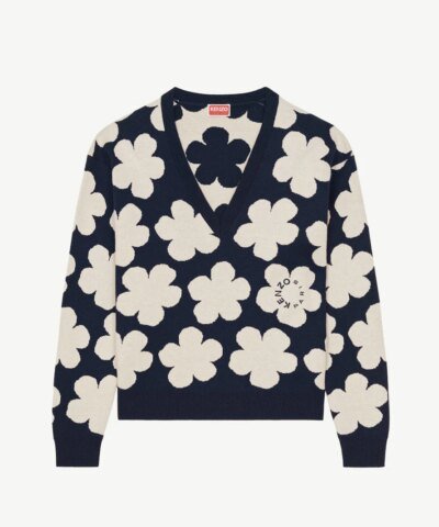 Kenzo Blue Floral Wool V-Neck Sweater