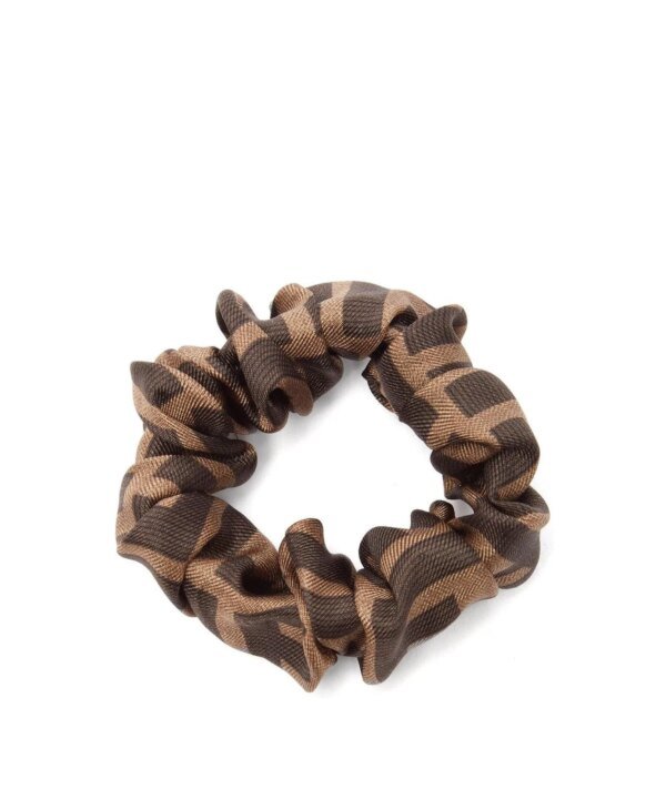 Fendi Brown Set Of Two Logo-Print Silk Hair Scrunchies