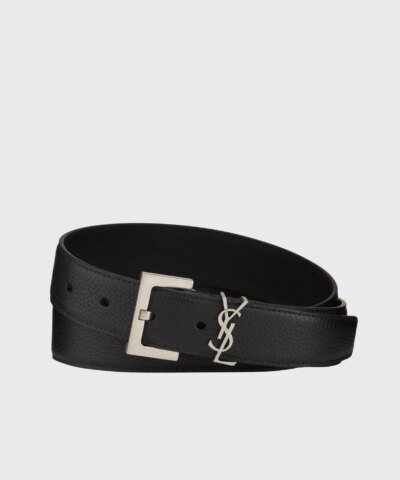 Saint Laurent Men's YSL Silver Logo Leather Belt