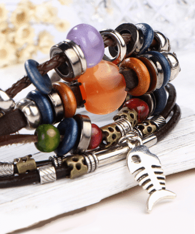 Steffe Unique Vintage Rope Handmade Colorful Bead Leather Bracelets