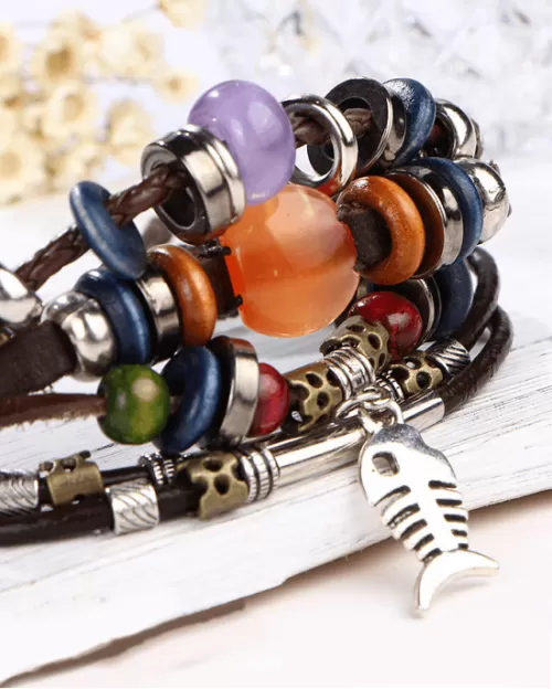 Steffe Unique Vintage Rope Handmade Colorful Bead Leather Bracelets