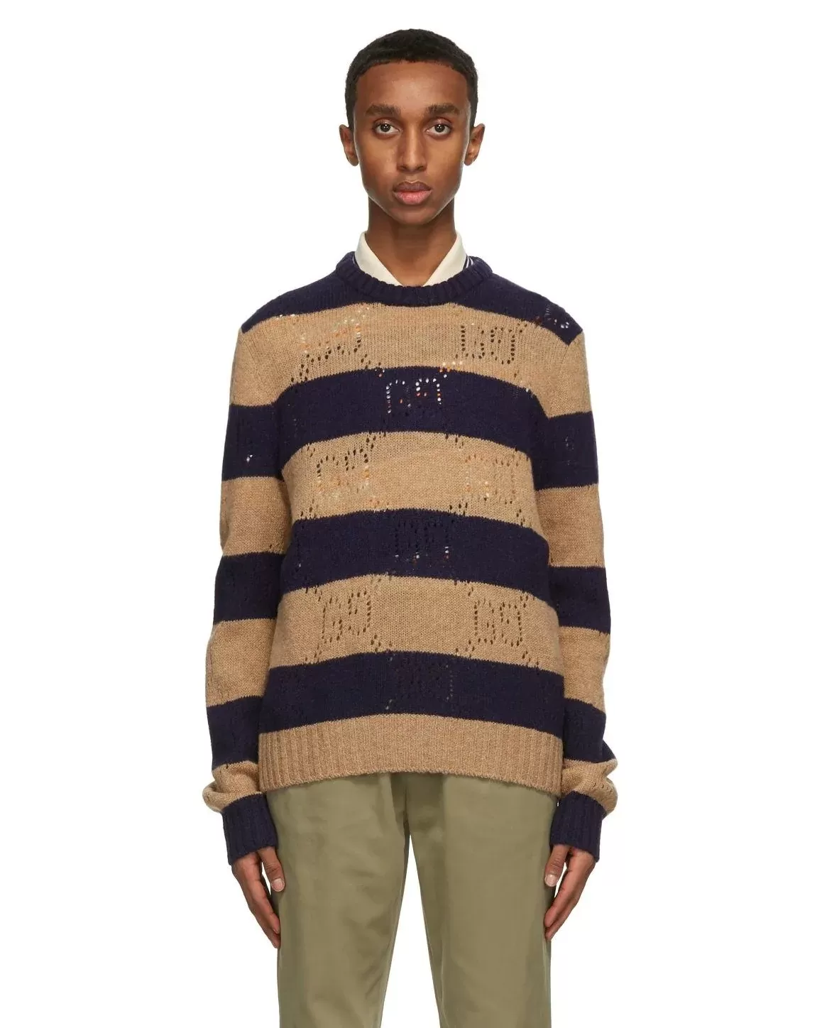 Gucci Beige & Navy Wool Striped GG Sweater