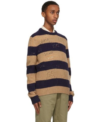 Gucci Beige & Navy Wool Striped GG Sweater