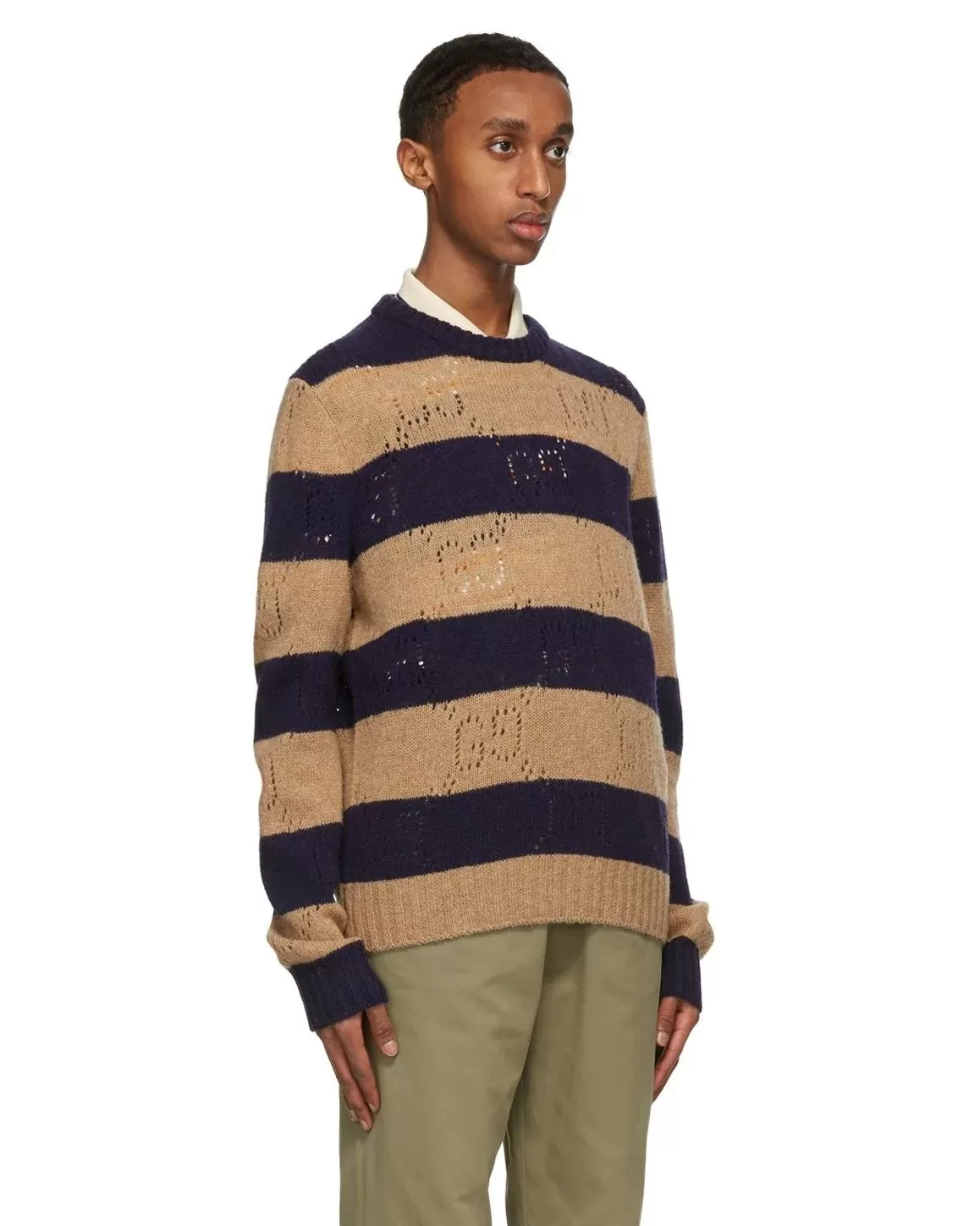 Gucci Beige & Navy Wool Striped GG Sweater