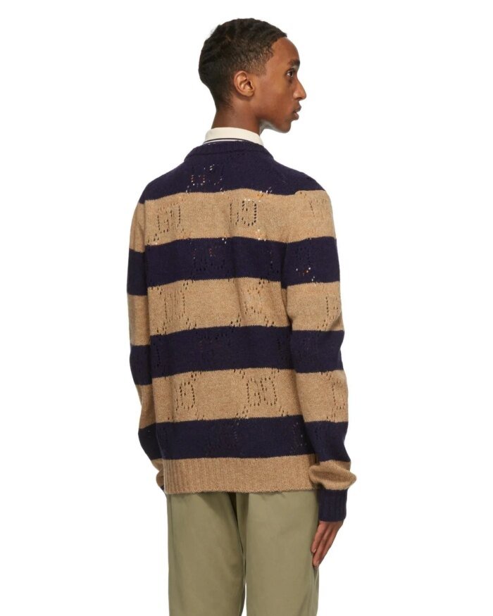 Gucci Beige & Navy Wool Striped GG Sweater
