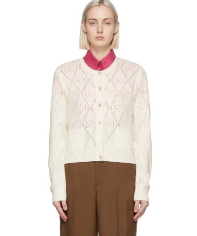 Gucci GG Perforated Wool Cropped Cardigan In White