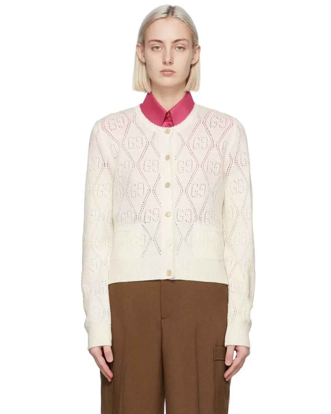 Gucci GG Perforated Wool Cropped Cardigan In White