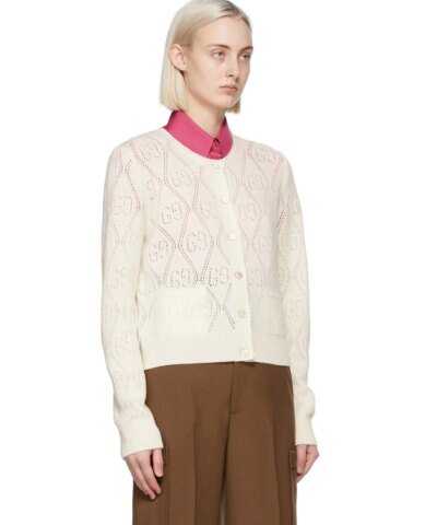 Gucci GG Perforated Wool Cropped Cardigan In White