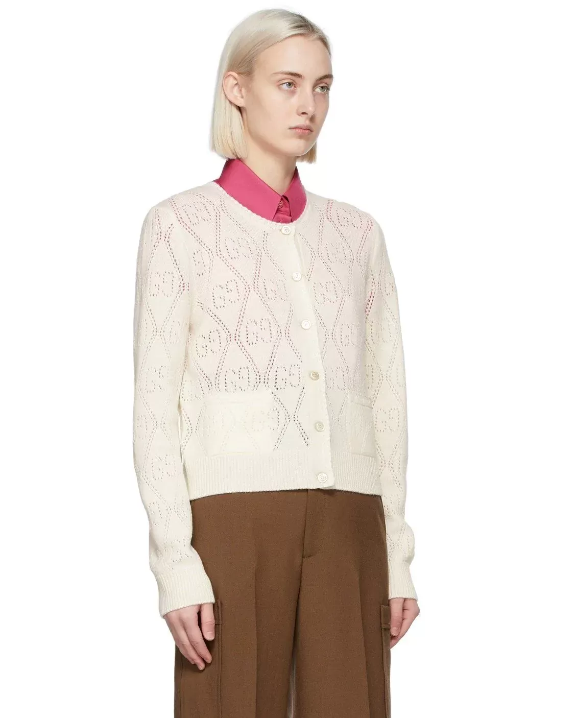 Gucci GG Perforated Wool Cropped Cardigan In White