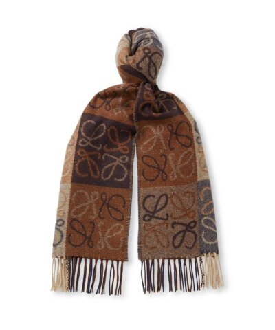 Loewe Fringed Wool and Cashmere-blend Jacquard Scarf, Navy/Brown
