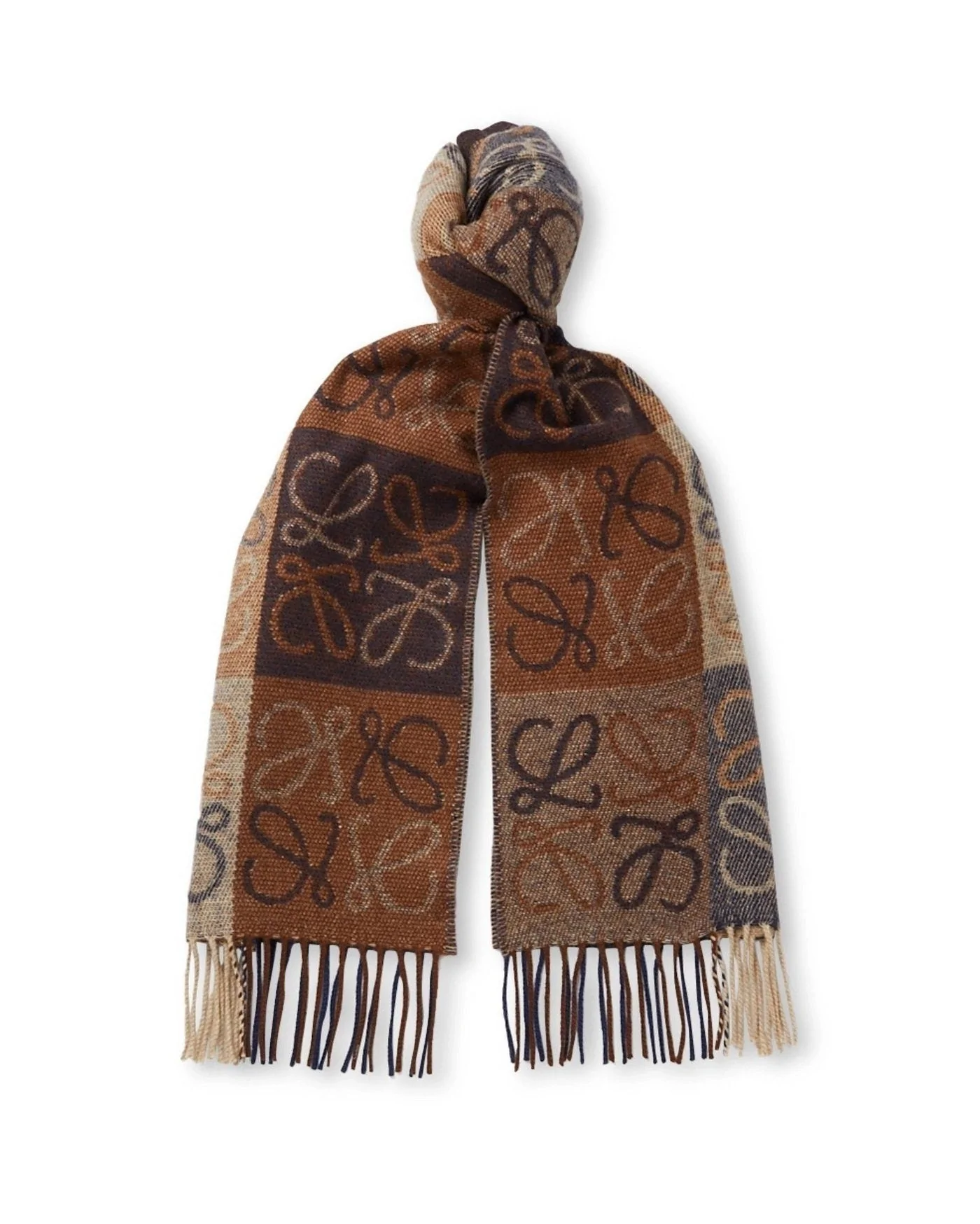 Loewe Fringed Wool and Cashmere-blend Jacquard Scarf, Navy/Brown