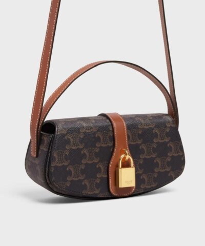 Celine Clutch On Strap In Triomphe Canvas And Calfskin Tan