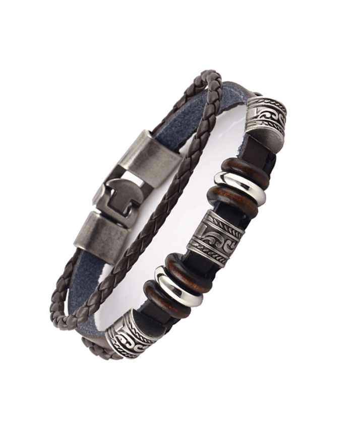 Steffe Unisex Handmade Retro Dark Genuine Leather Woven Charm Bracelet