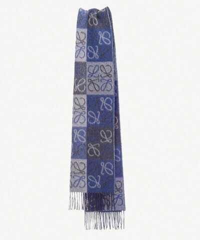 Loewe Fringed Wool and Cashmere-blend Jacquard Scarf, Blue/Grey