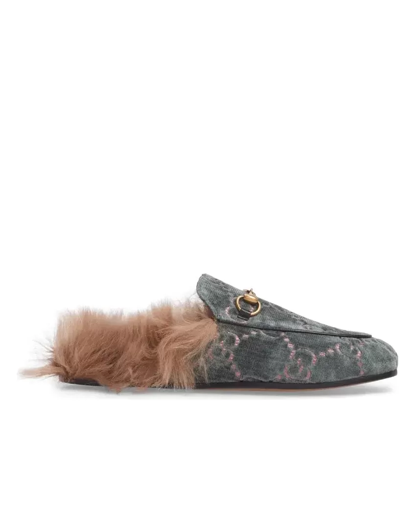 Gucci Women's Princetown Fur-lined GG Velvet Slipper - Natural