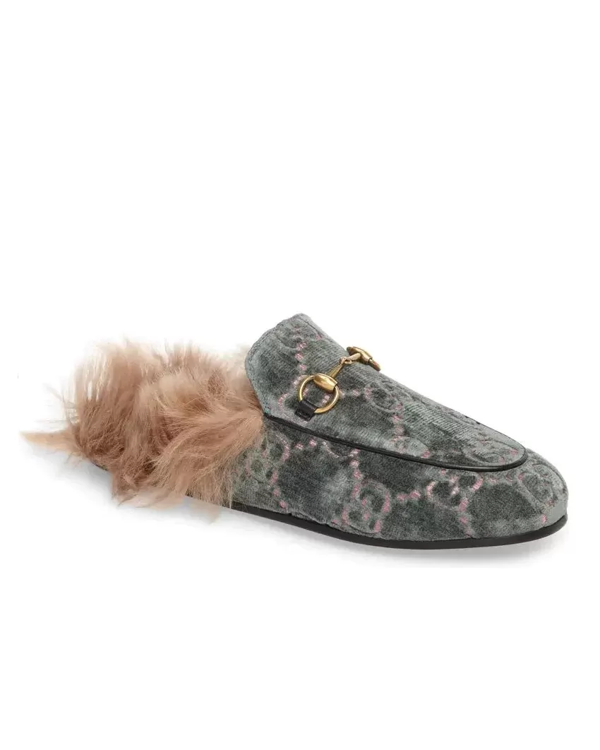 Gucci Women's Princetown Fur-lined GG Velvet Slipper - Natural