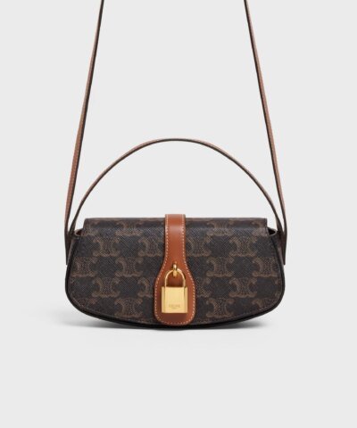 Celine Clutch On Strap In Triomphe Canvas And Calfskin Tan