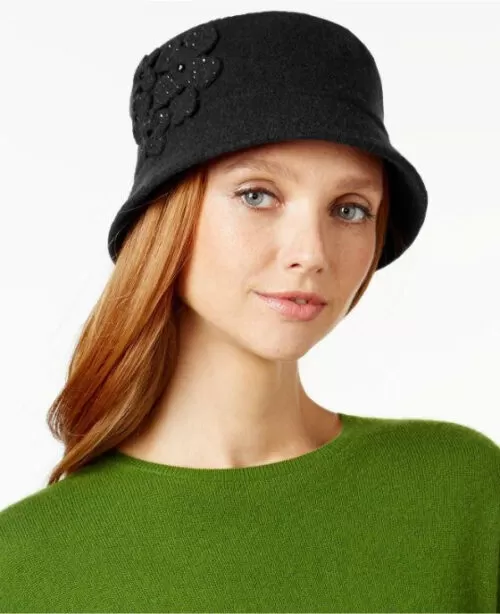 Nine West Flowered Wool Knit Micro Brim Hat