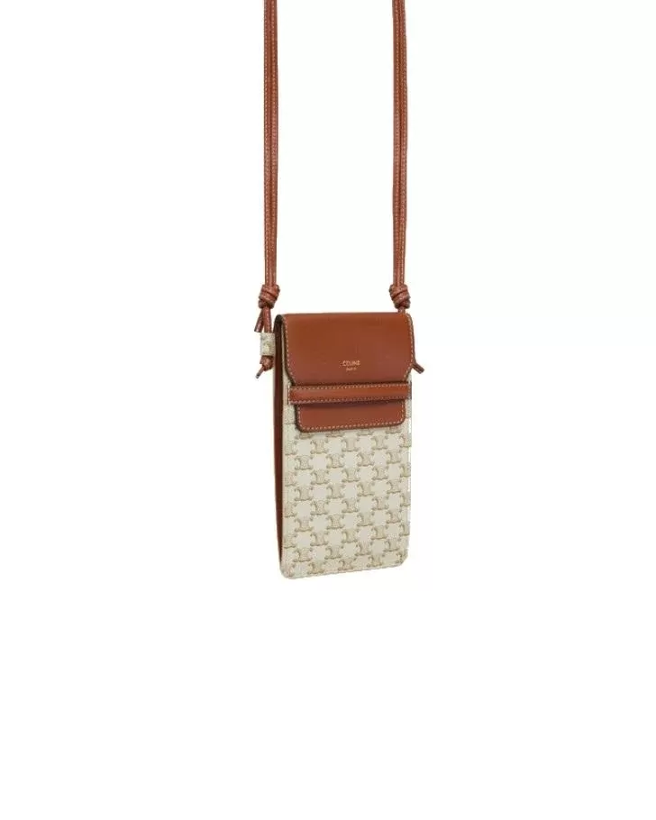 Celine Phone Pouch With Flap In Triomphe Canvas And Lambskin White/Tan