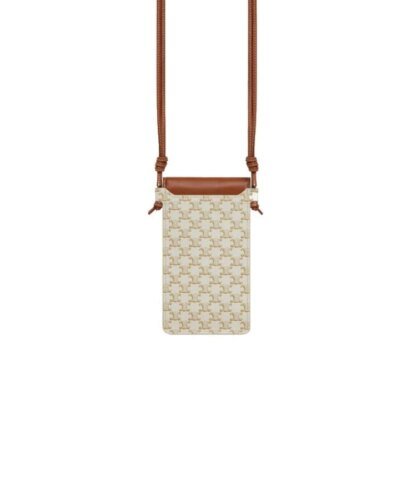 Celine Phone Pouch With Flap In Triomphe Canvas And Lambskin White/Tan