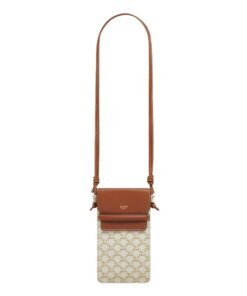 Celine Phone Pouch With Flap In Triomphe Canvas And Lambskin White/Tan