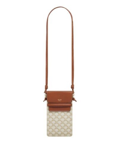 Celine Phone Pouch With Flap In Triomphe Canvas And Lambskin White/Tan