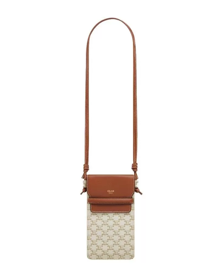 Celine Phone Pouch With Flap In Triomphe Canvas And Lambskin White/Tan